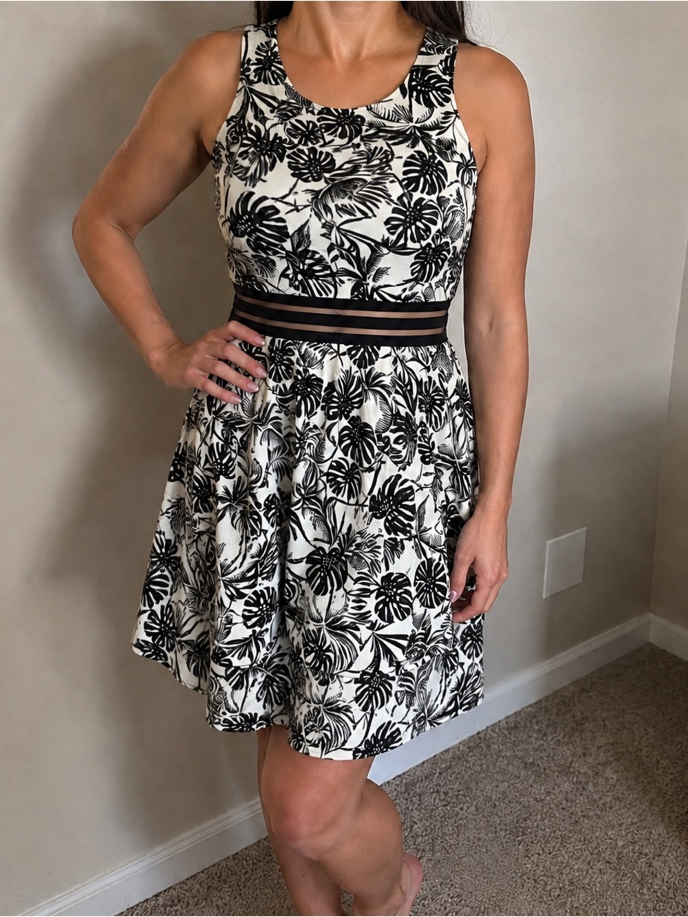 Soprano Black White Tropical Leaf Mesh Waist Skater Dress Small